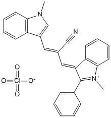 Molecular Structure of 105754-83-4 (3H-Indolium,3-[2-cyano-3-(1-methyl-1H-indol-3-yl)-2-propenylidene]-1-methyl-2-phenyl-, perchlorate)